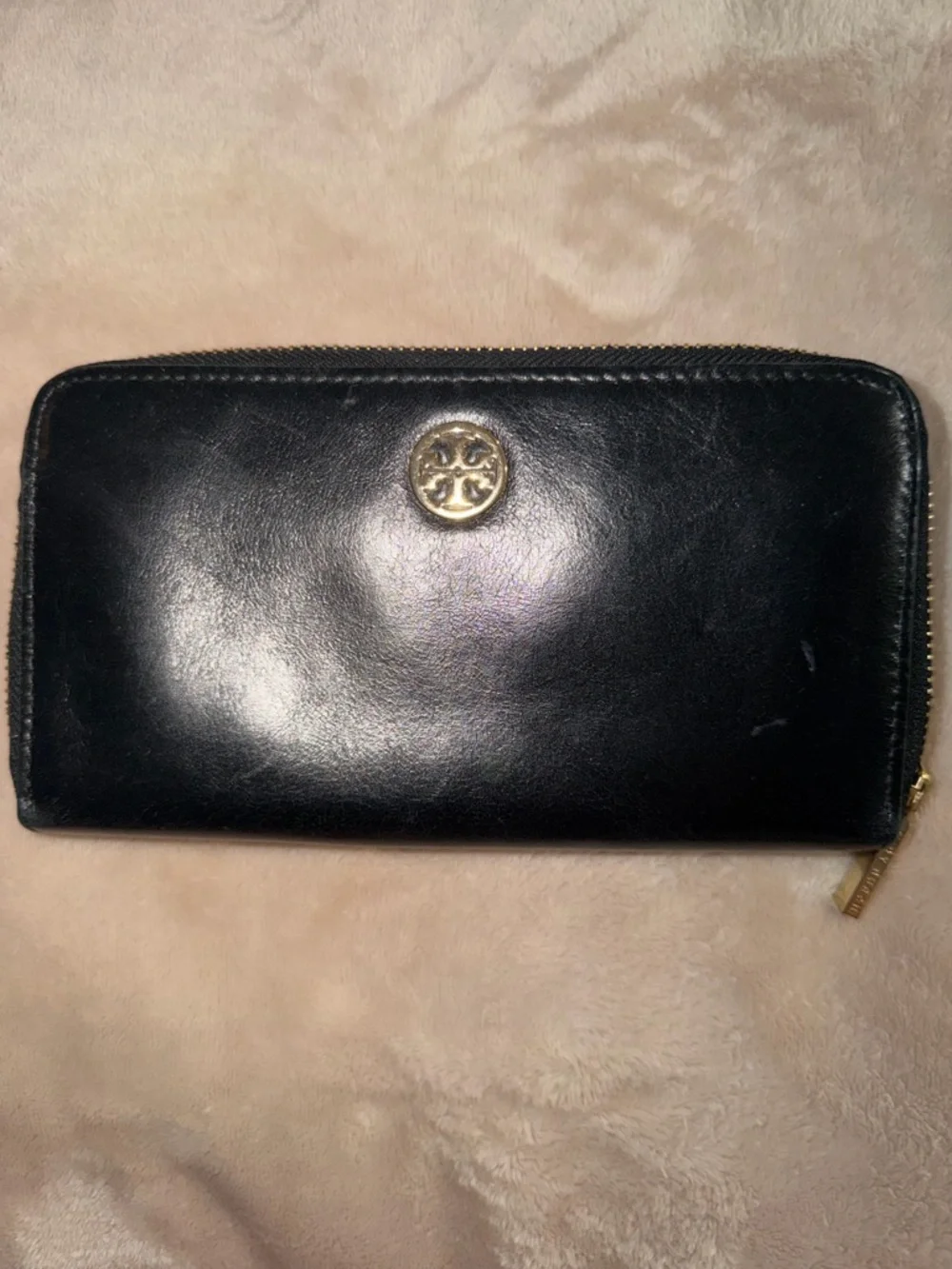 Tory Burch Black Leather Zip-Around Wallet with Gold Logo